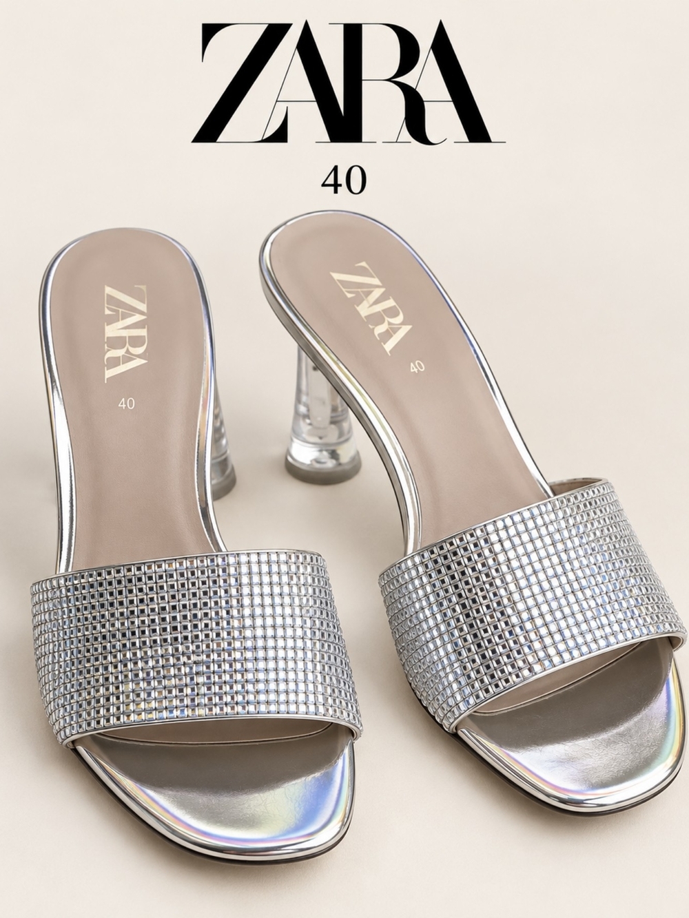 Zara Glamorous Sparkling Silver Heeled Slide In Sandals, Size 40